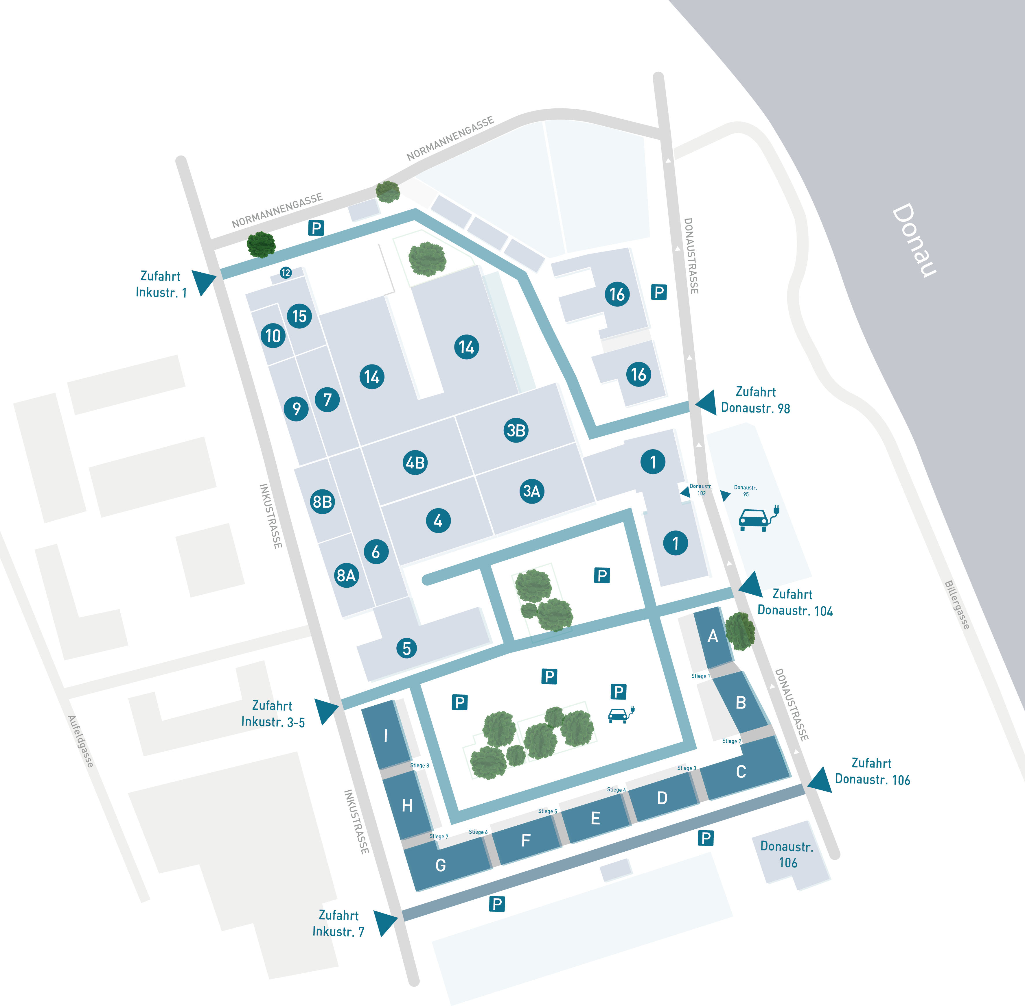 Lageplan des Donaupark Klosterneuburg mit Zufahrten und Gebäuden